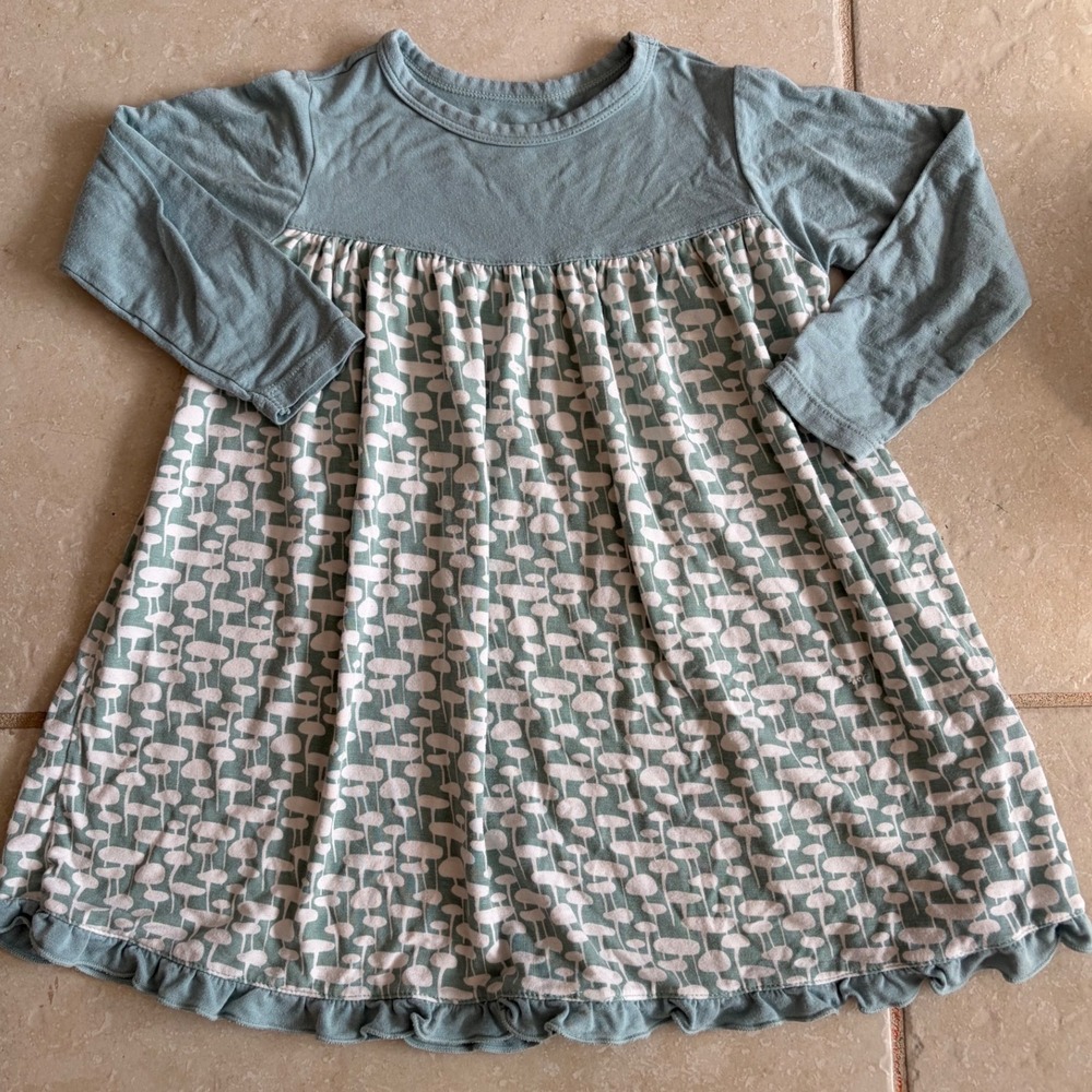 KicKee Pants Bamboo Long Sleeve Ruffle Dress Blue Green 18-24 Months Flaw